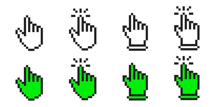 Pixel Art Hand Cursor Icon Set. Interactive Click And Pointing Hand Symbol Collection. Retro Style Computer Interface Design. Isolated Illustration vector
