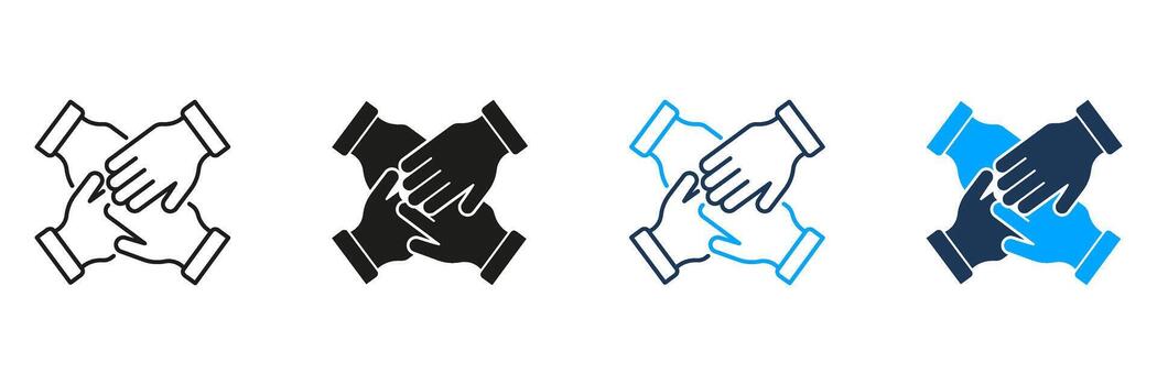 Four Hands In Unity Line And Solid Icon Set. Teamwork, Collaboration, And Partnership Symbol Collection. Business Cooperation And Support. Isolated Illustration vector