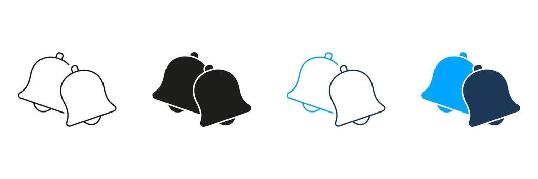 Two Bells Line And Solid Icon Set. Notification, Alert, And Reminder Symbol Collection. Communication And Sound Indication. Isolated Illustration vector