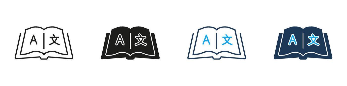 Open Book With Language Symbols Line And Solid Icon Set. Multilingual Translation And Language Learning Collection. Educational And Linguistic Tools. Isolated Illustration vector