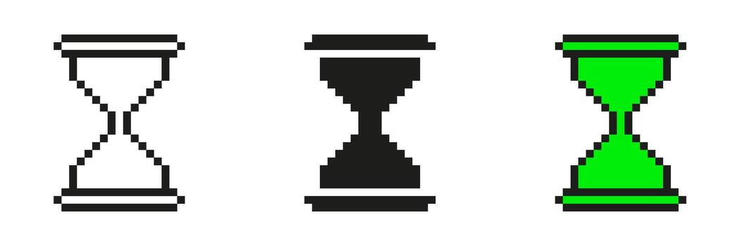 Pixel Art Hourglass Icon Set. Time Management And Countdown Pixelated Symbol Collection. Retro Style, Isolated Illustration vector