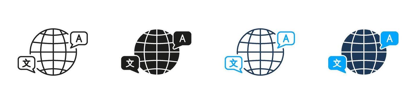 Global Translation Network Line And Solid Icon Set. Planet And Multilingual Chat Bubble Symbol Collection For International Communication And Language Localization. Isolated Illustration vector