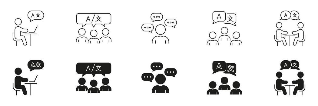 Language Translation And Communication Line And Solid Icon Set. Language Learning And Global Communication. Multilingual Interaction And Conversation Symbol Collection. Isolated Illustration vector