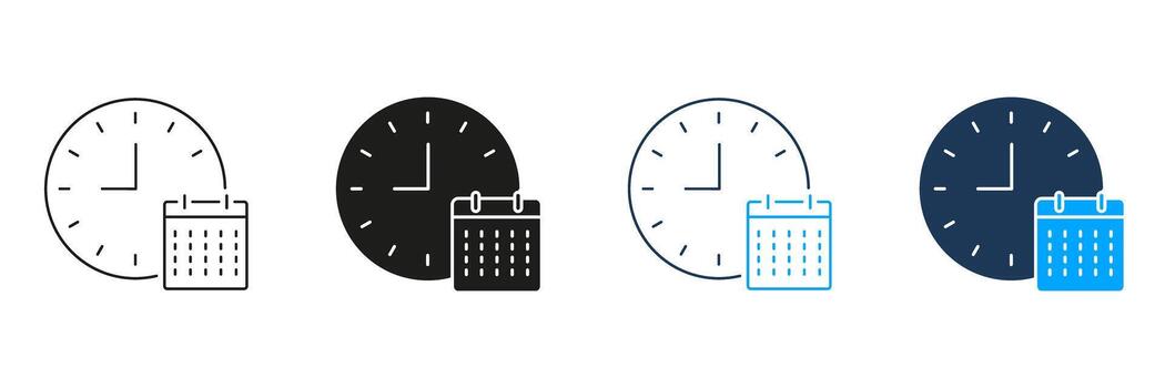 Clock And Calendar Line And Solid Icon Set. Time Management, Scheduling, And Planning Symbol Collection. Efficient Organization And Productivity Tools. Isolated Illustration vector
