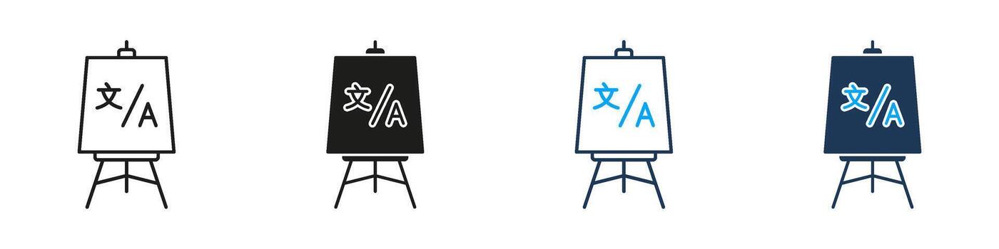 Language Presentation Line And Solid Icon Set. Standing Board With Translation Text Symbol Collection For Education, Multilingual Training, Language Learning Display. Isolated Illustration vector