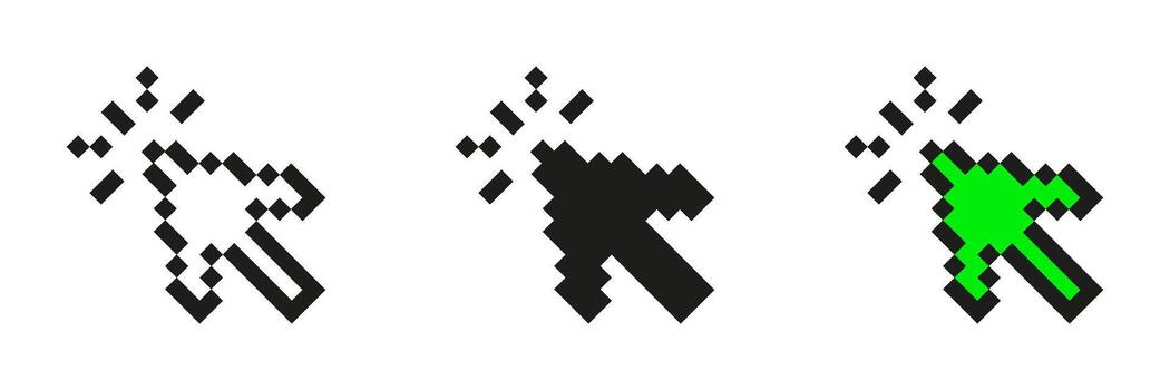 Pixelated Cursor Arrow Icon Set. Retro Digital Navigation Symbol Collection. Black And Green Pixel Art Design For User Interface And Web Design. Isolated Illustration vector