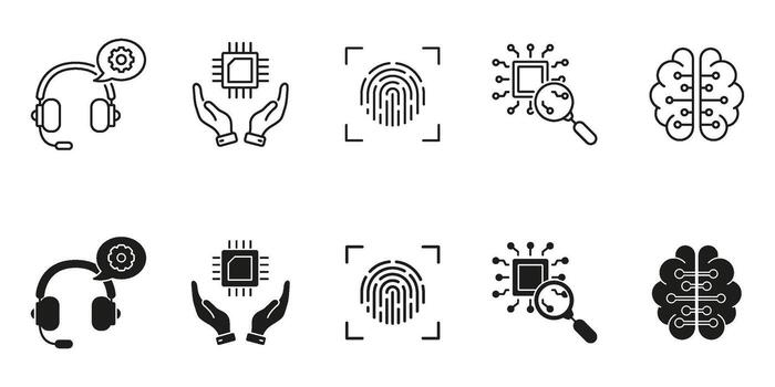 artificial inteligencia capacidad intelectual y neural análisis línea y sólido icono colocar. datos Procesando, automatización y cognitivo informática símbolo recopilación. aislado ilustración vector