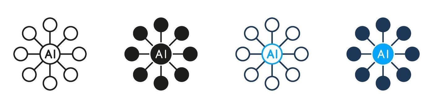 AI Network Hub Digital Connections Line and Solid Icon Set. Artificial Intelligence Communication System Symbol Collection. Isolated Illustration vector