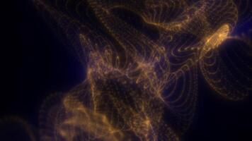Abstract glowing golden particles form an intricate wave-like structure in dark space, evoking energy flow and digital fluidity video