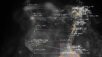 computador visão com objeto reconhecimento scanner overlay. grande dados. cctv ai interface digitalização. blob rastreamento linhas, coordenadas, saltitante caixas. plexo estilo conexões. abstrato fluxo, Preto n branco video