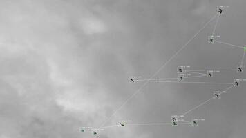 computador visão com objeto reconhecimento scanner overlay. grande dados. cctv ai interface digitalização. blob rastreamento linhas, coordenadas, saltitante caixas. plexo estilo conexões. vôo pássaros video