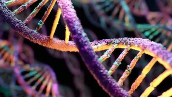 närbild se av biomolekylär strå lindning genom ram speglar grundläggande byggnad blockera av levande organismer, som dna börjar till skimmer med mild ljus, bild utstrålar känsla av komplexitet och ordning. video