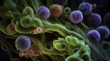 makro bild fångar frodig nätverk av grön, lila, och orange sfärisk strukturer representerar celler sammanflätade med fibrös trådar, Allt skarpt detaljerad i hög förstoring som om under en mikroskop. video