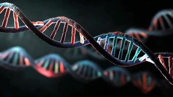 dna strå är huvud fokus, med förgrund helix i klar definition och Övrig spolar suddighet in i bakgrund, visualisera molekyl värld av genetik och biologi. video