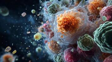 extremo cerca arriba capturas dinámica formación de vibrante células suspendido en líquido ambiente, mostrando complejo exterior membranas y distinto color variaciones como partículas deriva mediante microscópico escena. video