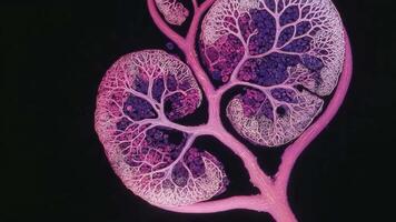 vasculaire système de biologique spécimen capturé dans haute détail, translucide branches et capillaires affiché comme biologique modèle, coloré dans scientifique imagerie style video