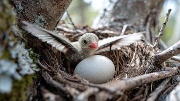 Close up shows determined chick in nest stretching wings wide and flapping actively, practicing first flight movements and expressing curiosity and eagerness to master flying skills. video