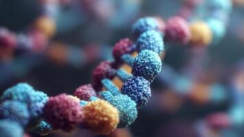 extreem macro schot highlights getextureerde dna dubbele helix, met elk molecuul weergegeven net zo een levendig, ruw oppervlak gebied in tinten van blauw, Purper, rood, en geel, creëren een artistiek en tactiel indruk van moleculair complexiteit. video