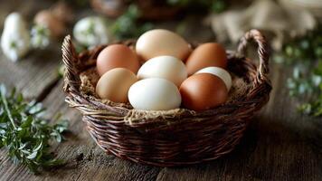 cerca arriba capturas rústico mimbre cesta desbordante con Fresco marrón y blanco huevos arreglado en de madera mesa, rodeado por natural verdor y suavemente borroso antecedentes. video