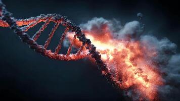 makro skott visas dna dubbel- helix Engulfed i eldig explosion med vibrerande orange lågor och moln av rök böljande tvärs över strukturera, dramatisk visuell effekt symboliserar dna skada eller förstörelse på molekyl nivå. video