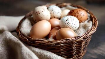 cirkulär kamera rörelse långsamt avslöjar annorlunda vinklar av rustik korg- korg fylld med bruka ägg, skapande dynamisk visuell perspektiv runt om naturlig sammansättning på Linné tyg. video