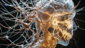 dynamisk sekvens visar elektrisk pulser levande reser tvärs över transparent nervös systemet, med varje impuls orsakar segment av nervcell nätverk till blixt och skimmer. video