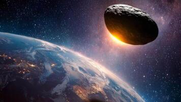 katastrophal Asteroid Streik erzeugt heftig Explosion auf Erde, felsig Raum Objekt kollidieren mit Planet im spektakulär Anzeige von Zerstörung sichtbar von Orbital Perspektive. video