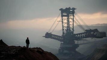 scen funktioner ögonblick när kolossal brytning grävmaskin roterar på dess bas, invecklad strukturera och skopahjul svänga mjukt, damm och dis Understrykning industriell kraft och dynamisk handling. video