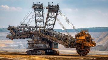 Scene features colossal mining machine in motion, complex arms and bucket-wheel extend as excavator travels, dusty landscape and layered horizon underscore scale and power of equipment. video
