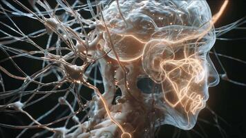 mesmerizing flow of electric impulses traveling along neural network, as bursts of light illuminate intricate pathways and dynamically highlight individual connections inside transparent head. video