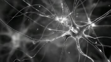 Forward camera movement immerses viewer in microscopic world of neuron network, as shimmering dendrites and glowing synapses come closer into focus within monochrome cellular environment. video