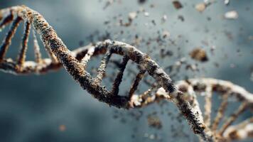 makro skott skildrar dna dubbel- helix i bearbeta av reparation efter skada, med fragment och molekyl partiklar drivande mot bruten glipa som strängar Börja till återanslut och Återställ original- strukturera. video