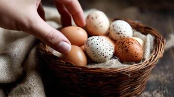 medium skott funktioner person väljer vaktel ägg från urval i rustik korg, betona delikat texturer och unik fick syn på mönster på äggskal. video