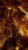 Abstract golden wave of glowing particles forming dynamic patterns on a dark background video