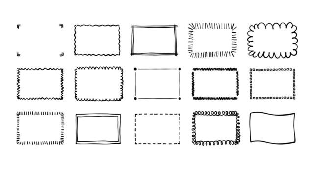 Doodle hand drawn rectangle frames set. Scribble pencil square and rectangular empty text boxes. Simple line border design elements for notes, highlights, or decoration. illustration. vector