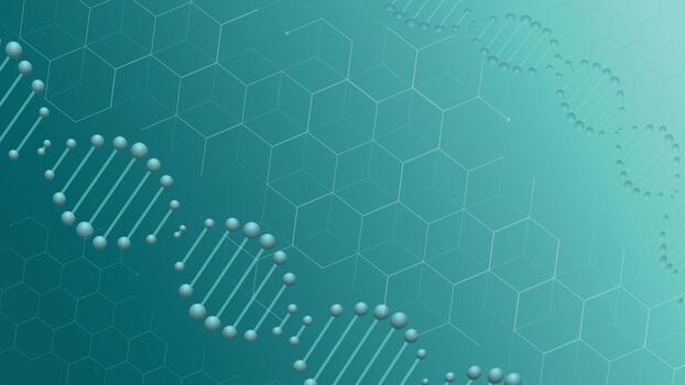 Modern science background featuring DNA helix and hexagonal molecular pattern in teal tones. Perfect for genetics, research, healthcare, and biotechnology concept designs. vector