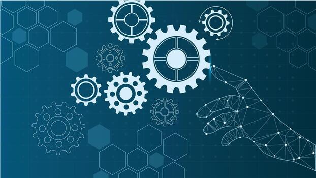 Futuristic background featuring a digital polygon hand interacting with mechanical gears, symbolizing automation, technology, engineering, and innovation in modern industry. vector