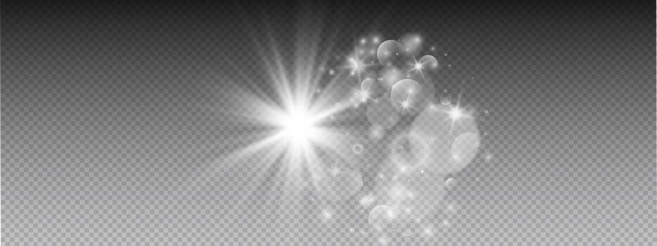 Radiant sun glow effect background. Brilliant central core with extending rays, beams, sparkles, halos forming luminous burst. light element with bright magical shine. Transparent overlay vector