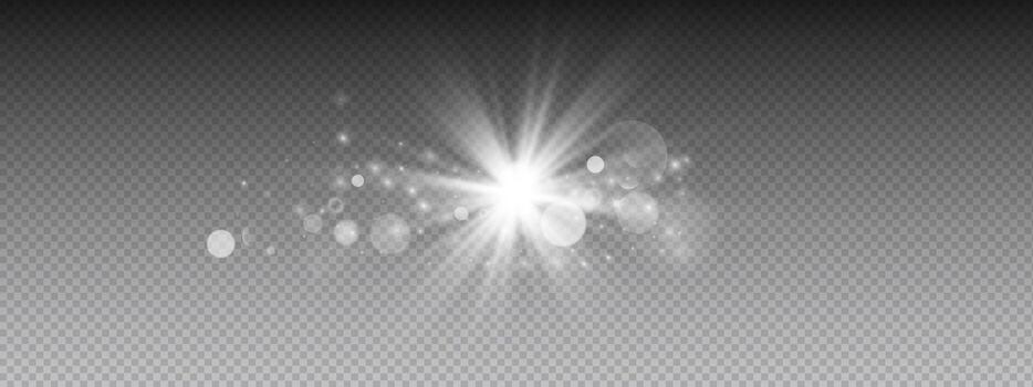 Bright light effect sun element. Central sunburst with radiating beams, rays, sparkles, flares creating luminous glow. shine object with magical transparent effects. Overlay for design vector