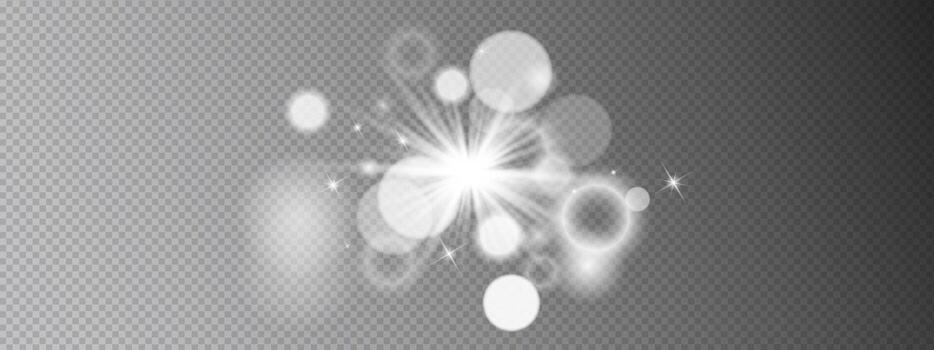 mágico ligero efecto brillar composición. Starburst centrar con bokeh círculos, vigas, halos, destellos radiante exterior. resplandor elemento con transparente brillar efectos vector