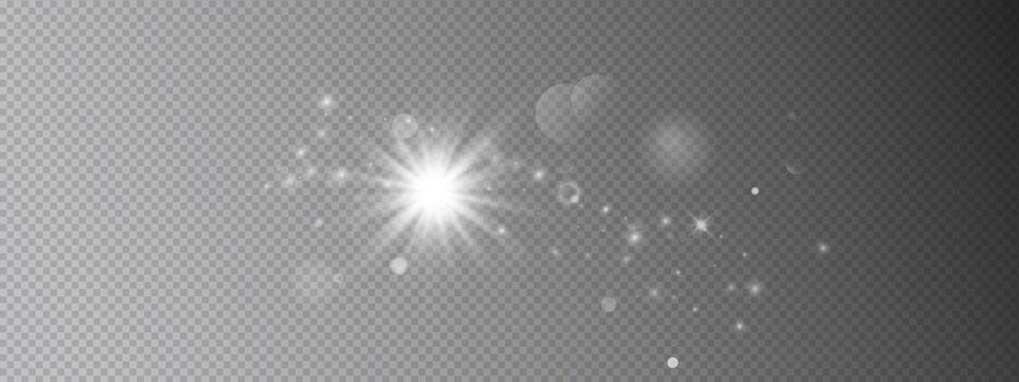 Luminous light effect sunburst object. Central bright star with radiating beams, rays, glimmers, flares spreading outward. glow element with magical sparkle effects. Overlay vector