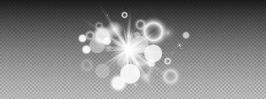 White light effect shine element. Central starburst with radiant beams, circles, rings, halos surrounding bright core. glow object with magical sparkle components. Overlay for designs vector