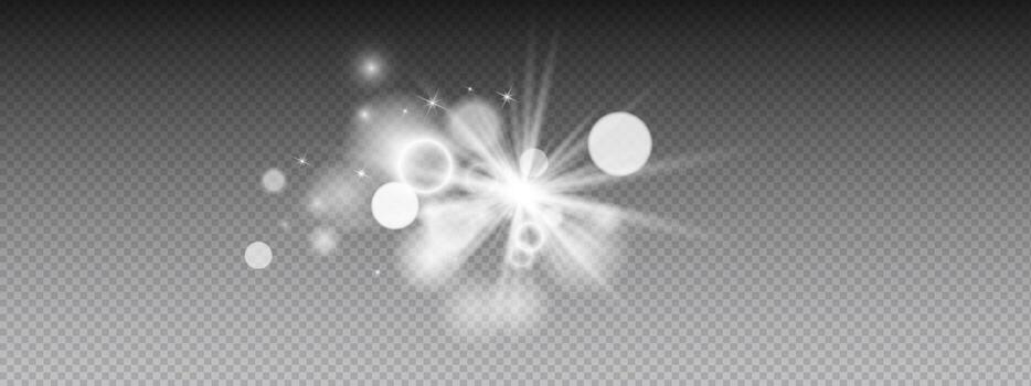 Radiant light effect burst element. Central star with surrounding circles, rings, beams, glimmers creating luminous cluster. bright magical object with glow components. vector