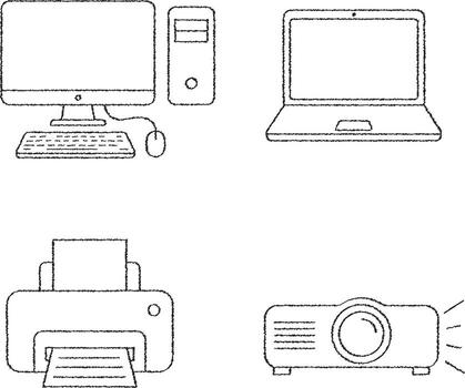 Office technology lineup with desktop laptop printer and projector vector