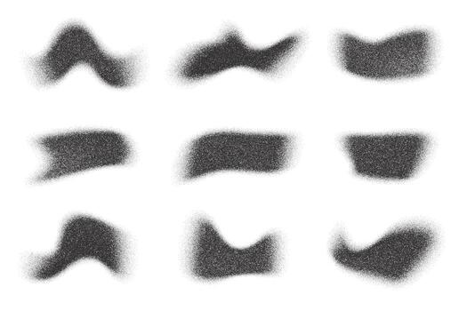 Grainy dotted wavy shapes isolated on white background. Spray paint abstract splashes. Black charcoal dust with stipple effect. Fluid shadows with halftone texture vector