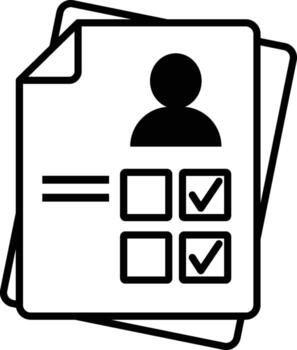 Black and white icon of a document with checkboxes and a person silhouette checklist vector