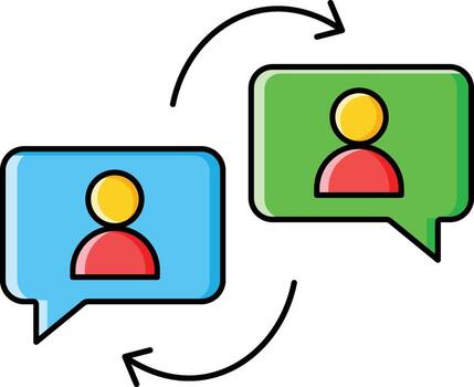 Two speech bubbles with user icons and circular arrows showing communication conversation dialogue vector
