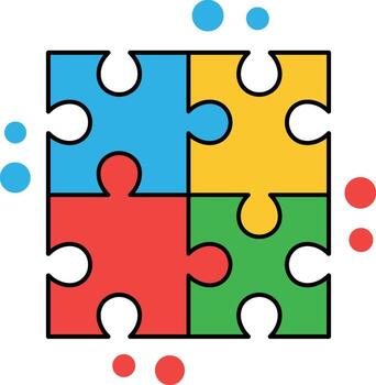 Four colorful puzzle pieces connected with scattered dots jigsaw connection vector