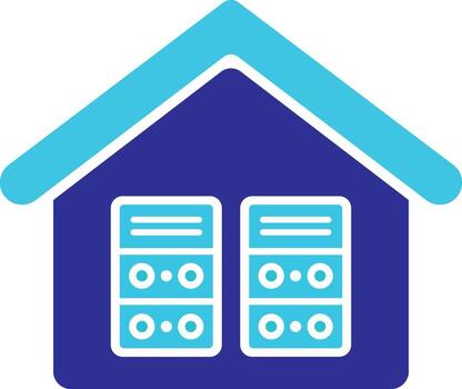 Blue and teal house icon with server racks inside building icon server rack icon vector