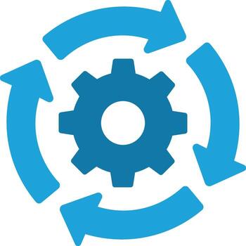 Blue gear with circular arrows icon representing workflow and process cogwheel cycle vector